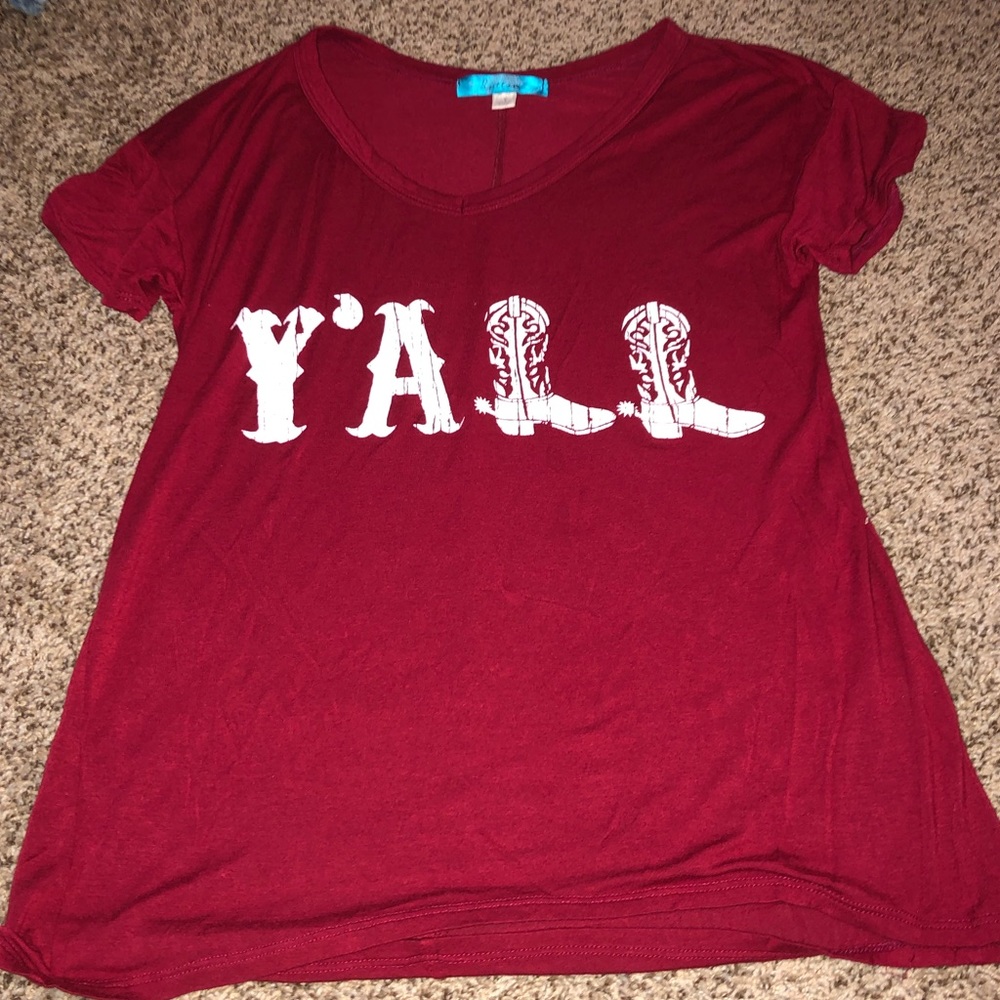 Red country themed shirt that says y’all